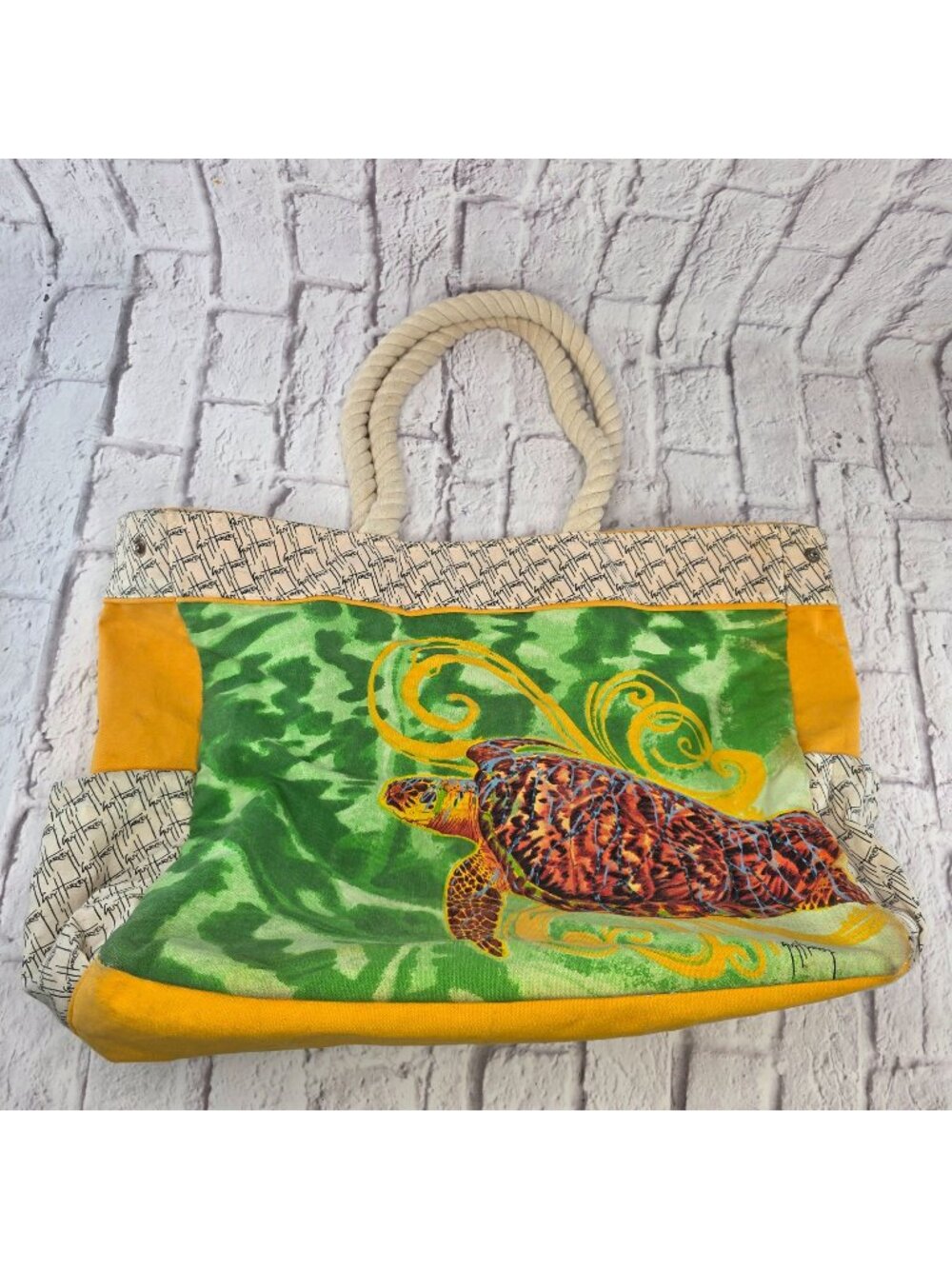 Guy Harvey Sea Turtle Canvas Tote Bag Large Colorful Rope Handles Interior Pocke